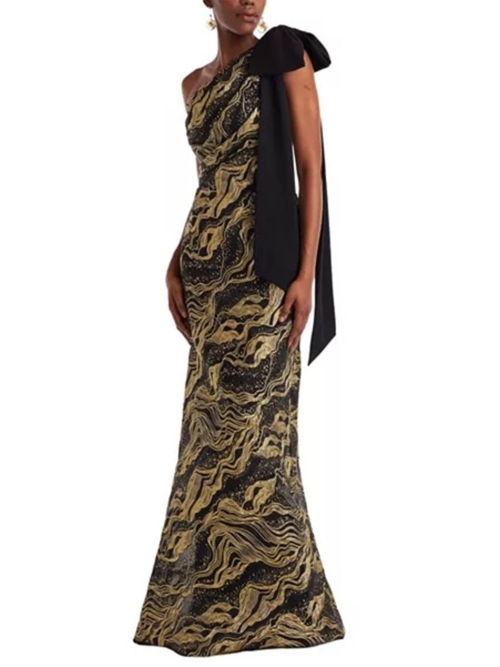 Tadashi Shoji Shariza Bow-Shoulder Gown Black Gold Size 4